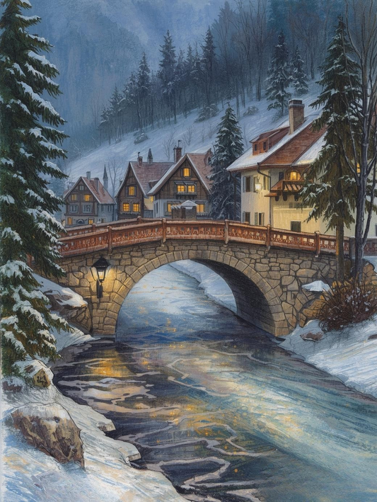 Paint by Number Alpine Village Bridge Over Frozen Creek