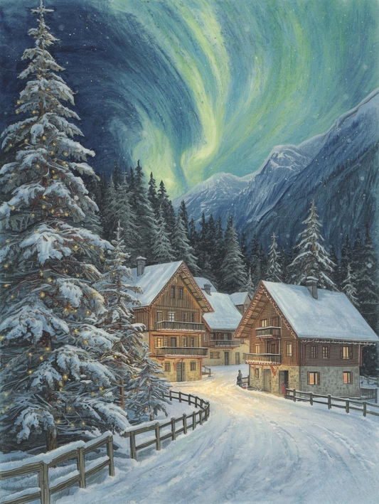 Paint by Number Alpine Village Under Northern Lights