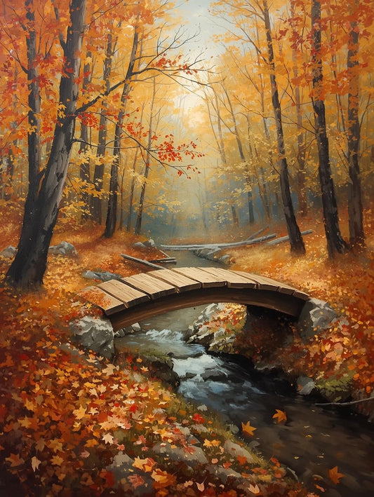 Paint by Number Wooden Bridge in Autumn Forest – Peaceful Stream Scene Paint by Number Canvas Ki