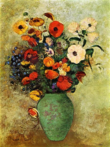 Bouquet of Flowers in a Green Vase - Odilon Redon