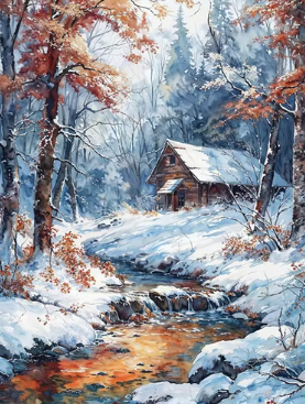 Charming Cabin by a Frozen Stream Paint By Number