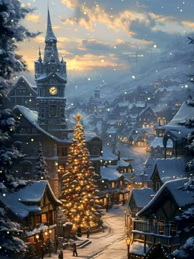 Charming Winter Village at Dusk Paint By Number