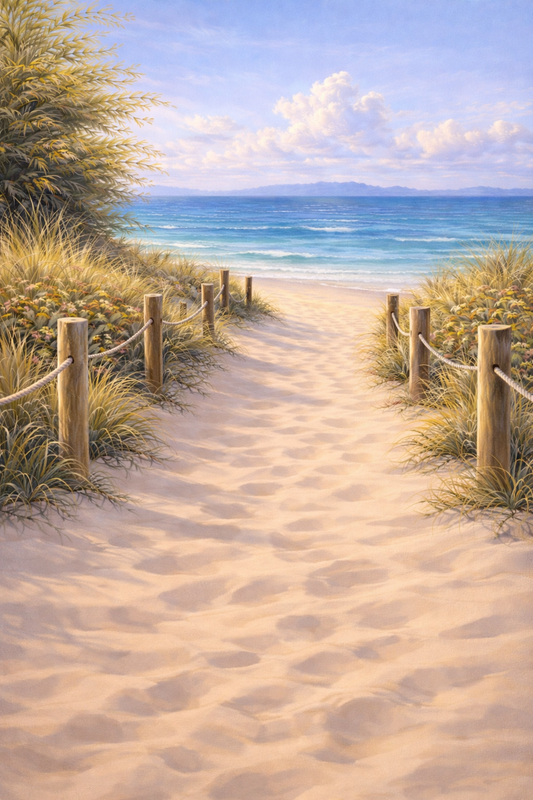 Paint by Number Sunlit Coastal Trail Leading Down to Peaceful Shoreline – Coastal Canvas Paint by Number Kit