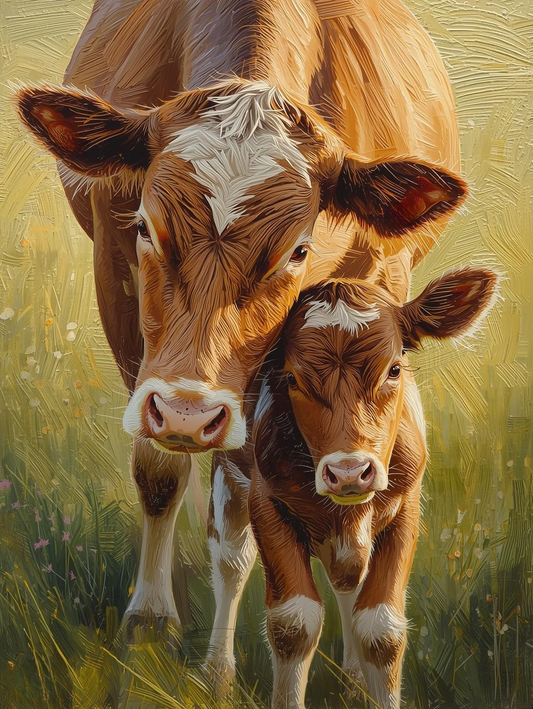 Paint By Number Momma Cow with Calf in Pasture – Canvas Paint by Number Kit