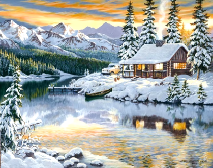 Cozy Cabin on a Frosted Shoreline Paint by Number