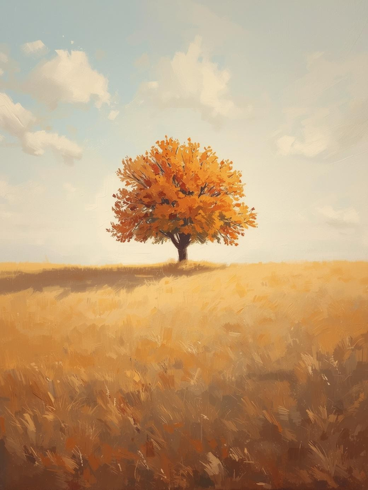 Paint by Number Golden Autumn Field Tree – Soft Minimal Landscape DIY Painting Kit