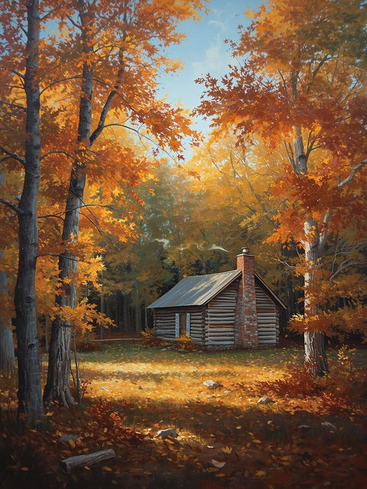 Paint by Number Cozy Cabin in Fall Forest – Rustic Woodland Retreat Canvas Art Kit