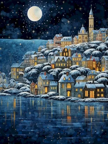 Enchanting Moonrise Over Town Diamond Painting Set