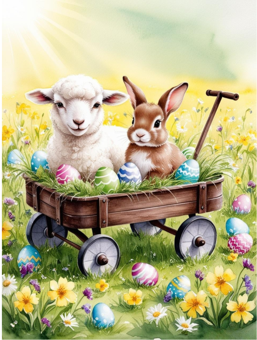 Paint by Number Farmyard Cuties Bunnies and Lamb in a Wagon