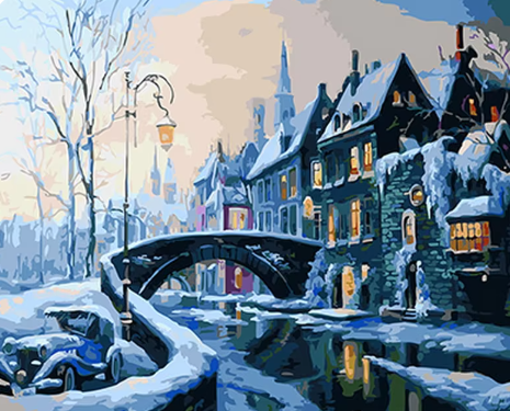 Frost-Kissed Cobblestone Houses by the Water Paint by Number