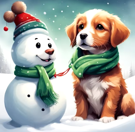 Frosty Fun Puppy and Snowman Together Paint By Number