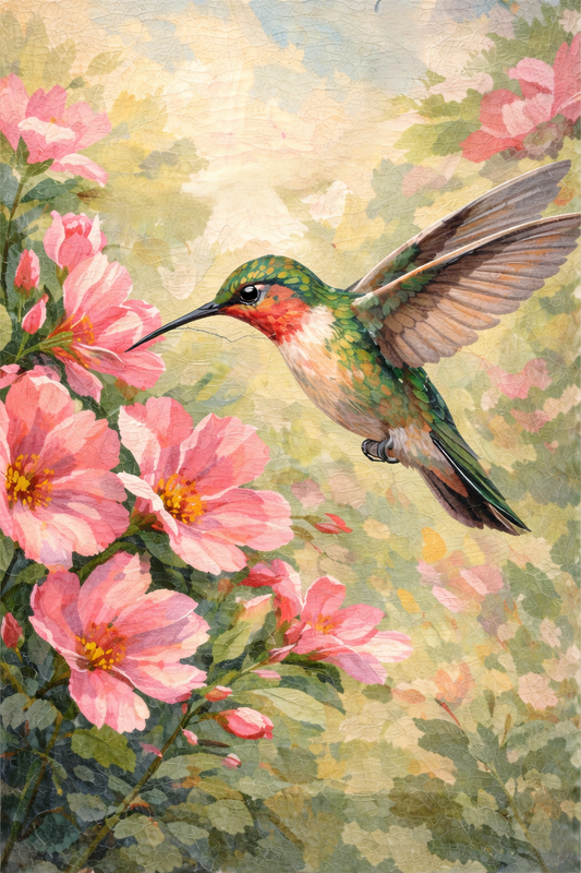 Paint by Number Hummingbird Feeding on Pink Flowers – Floral Wildlife DIY Paint Kit for Adults
