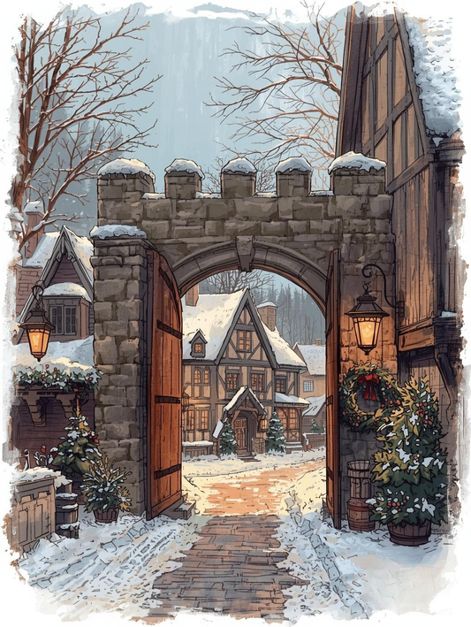 Paint by Number Medieval Snowy Village Gate
