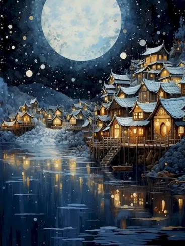 Paint by Number Midnight Serenity Moon Over Village