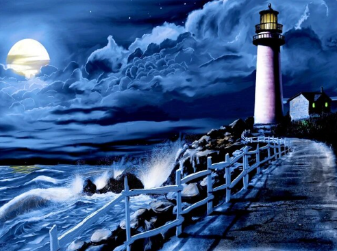 Moonlit Shoreline Lighthouse