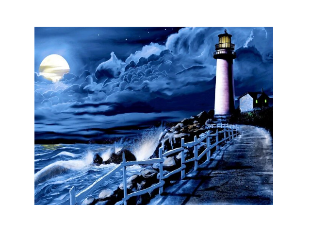 Moonlit Shoreline Lighthouse
