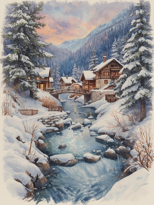 Paint by Number Mountain Stream Through Alpine Village
