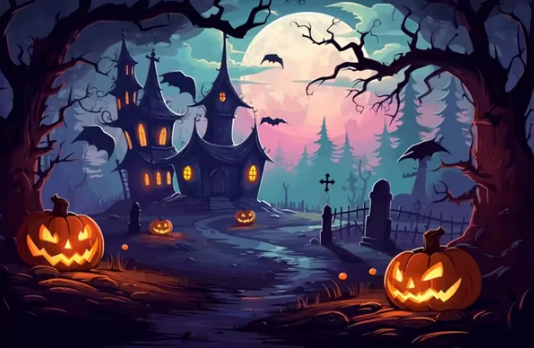 Mysterious Manor and Autumn Pumpkins Paint by Number