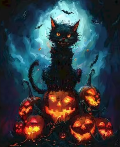 Mystical Black Cat and Pumpkin  Paint by Number