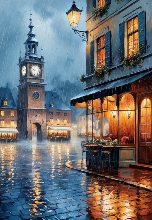 Paint By Number Old Town Square on a Rainy Night