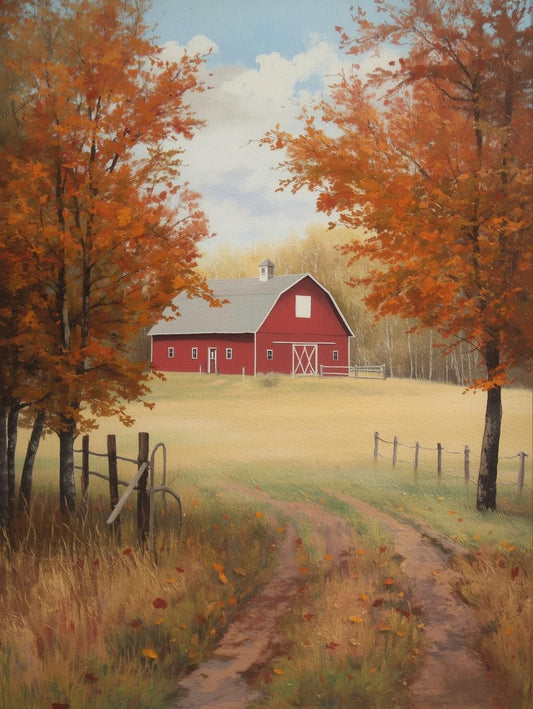 Paint by Number Red Barn in Autumn Meadow – Rustic Fall Paint by Number Kit