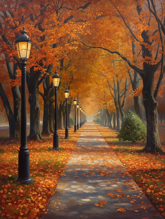Paint by Number Autumn Park Walkway with Lanterns – Scenic Fall Canvas Art Kit