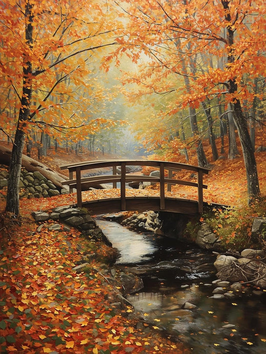 Paint by Number Autumn Forest Bridge – Cozy Woodland Stream DIY Painting Kit