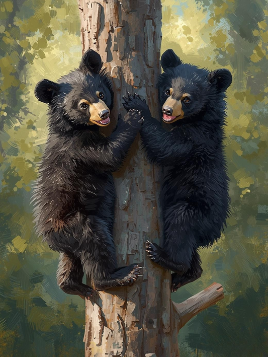 Paint By Number Adorable Bear Cubs Climbing Trees in Forest – Heartwarming Wildlife Art Kit