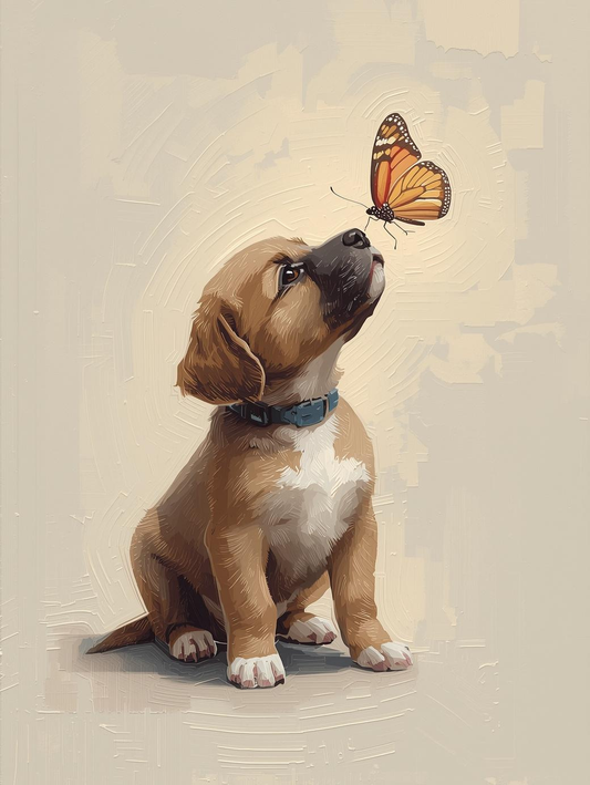 Paint By Number Baby Puppy with Butterfly in Garden Scene – Cozy Paint by Number Kit for Adults