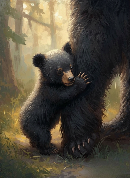 Paint By Number Bear Cub Clinging to Mom’s Leg – Heartwarming Forest Wildlife Art Kit