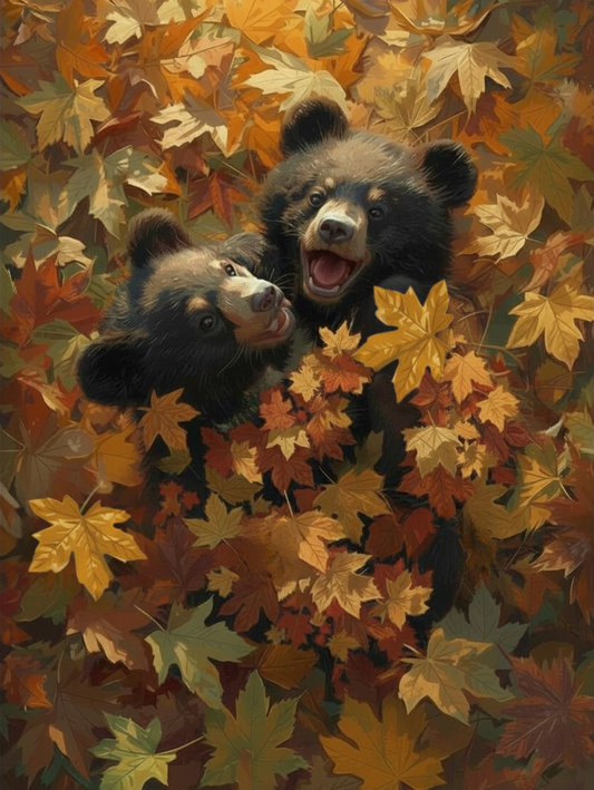 Paint By Number Bear Cubs Playing in Autumn Leaves – Cute Fall Wildlife Art Kit