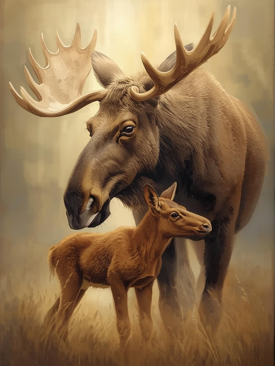 Paint By Number Bull Moose Watching Calf – Majestic Nature Wall Art Kit