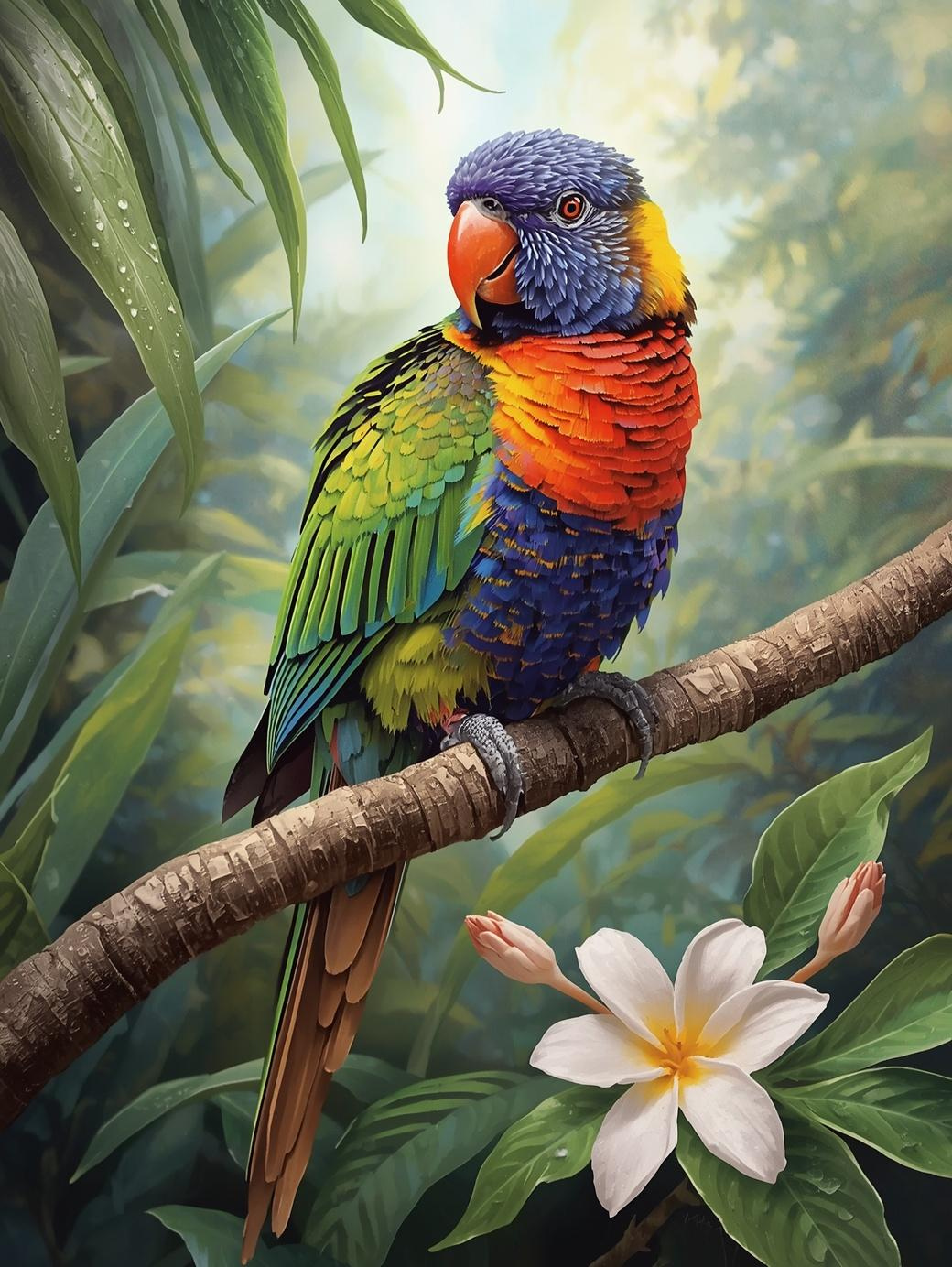 Paint by Number Colorful Parrot on Tropical Branch – Vibrant Rainforest Canvas Paint by Number Kit