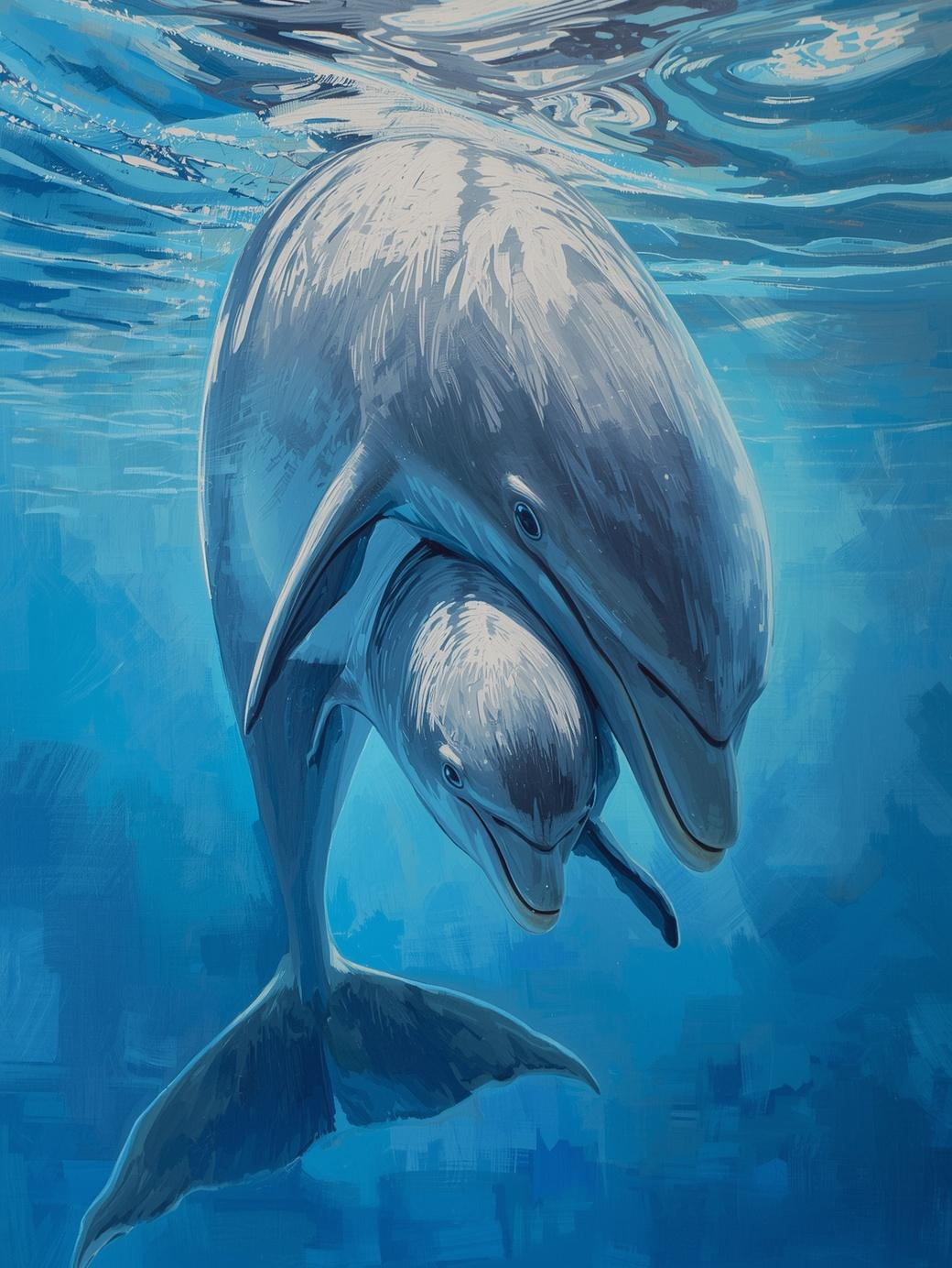 Paint by Number Tender Ocean Dolphins Swimming Side by Side in Deep Blue Water – Acrylic Paint by Number Kit