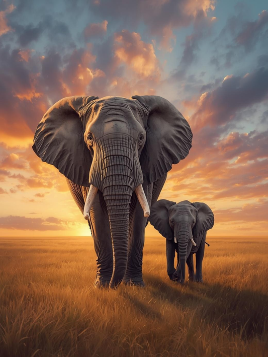 Paint By Number Elephant Mom and Baby at Sunset – Heartwarming Wildlife Art Kit