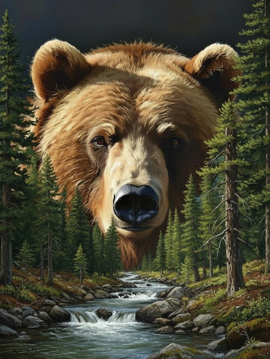 Paint By Number Guardian Brown Bear Watching Over Forest River – Majestic Wildlife Nature Art Kit