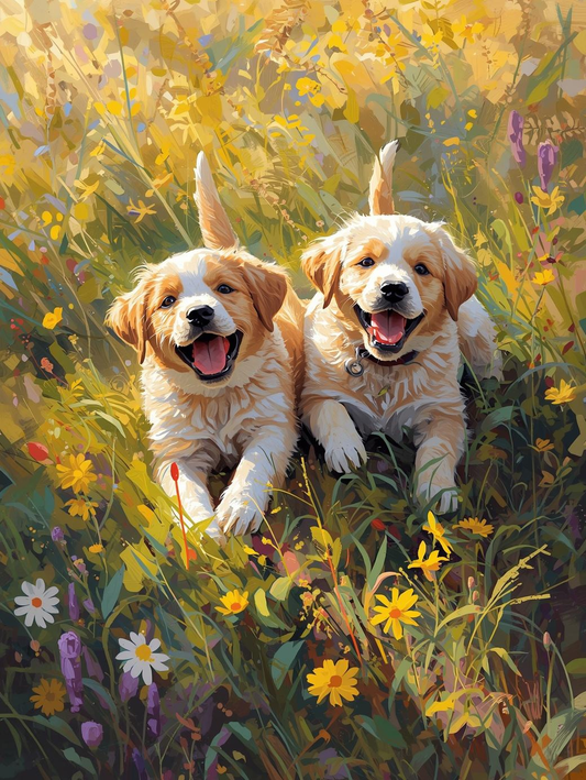 Paint By Number Happy Puppies Playing Together in Field – Canvas Paint by Number Kit