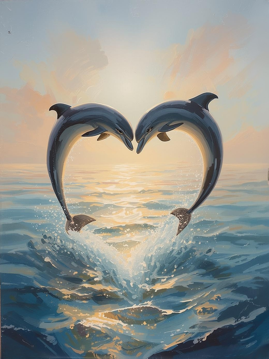 Paint By Number Heart-Shaped Dolphins Over Ocean – Romantic Wildlife Art Kit