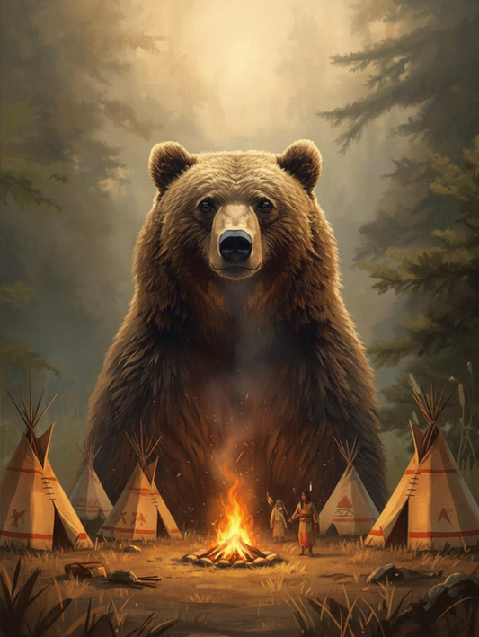 Paint By Number Majestic Bear Over Native American Teepee Scene – Powerful Spiritual Wildlife Art Kit