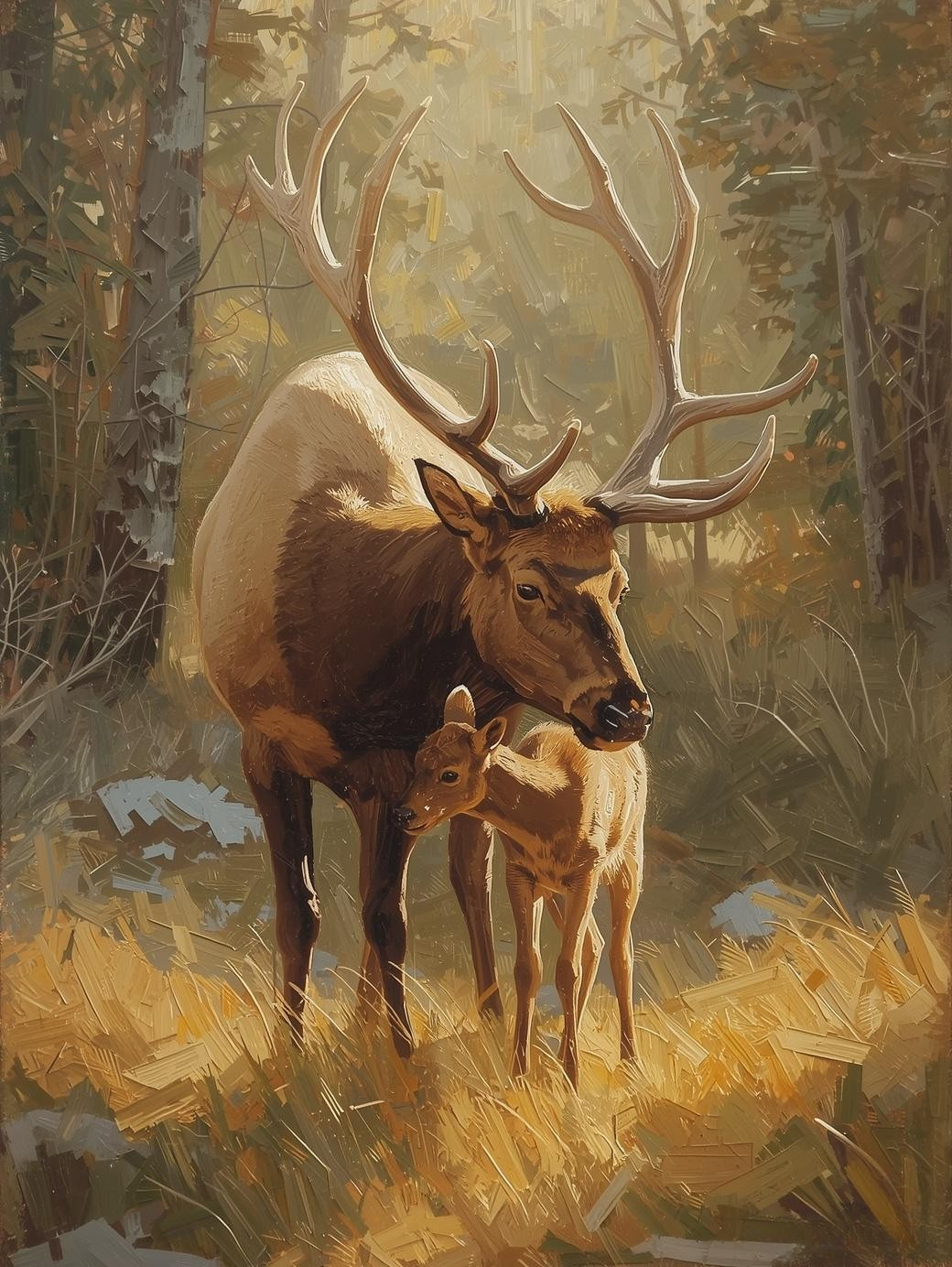 Paint By Number Male Elk Protecting Calf – Majestic Forest Painting Kit