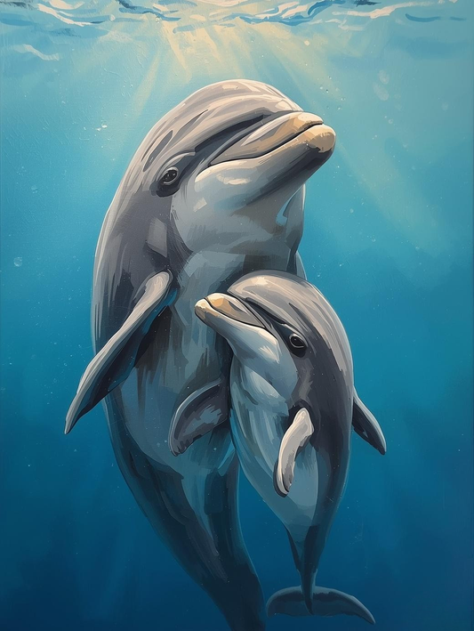 Paint By Number Mother Dolphin Swimming with Calf – Heartwarming Ocean Wildlife