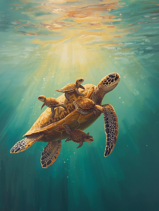 Paint By Number Mother Turtle Swimming with Babies – Storybook Coastal Art
