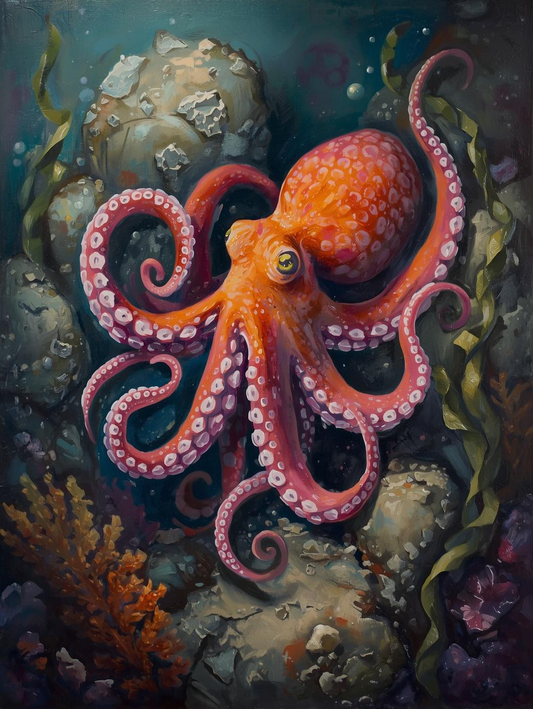 Paint By Number Octopus Crawling in Ocean – Painterly Marine Life Art