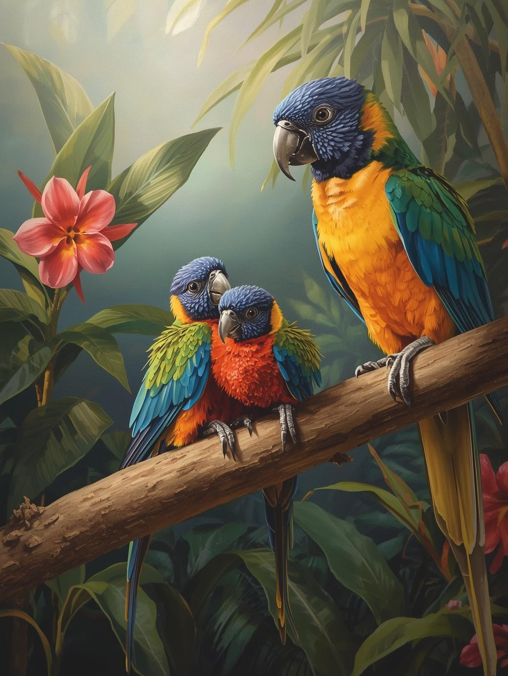 Paint by Number Parrot Family on Tropical Branch – Cute Jungle DIY Paint Kit for Adults