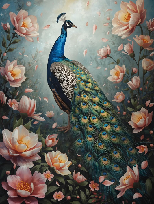 Paint By Number Peacock Among Garden Flowers – Whimsical Wildlife Art Kit