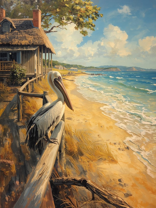 Paint By Number Pelican Near Beachfront Cabin – Storybook Coastal Art