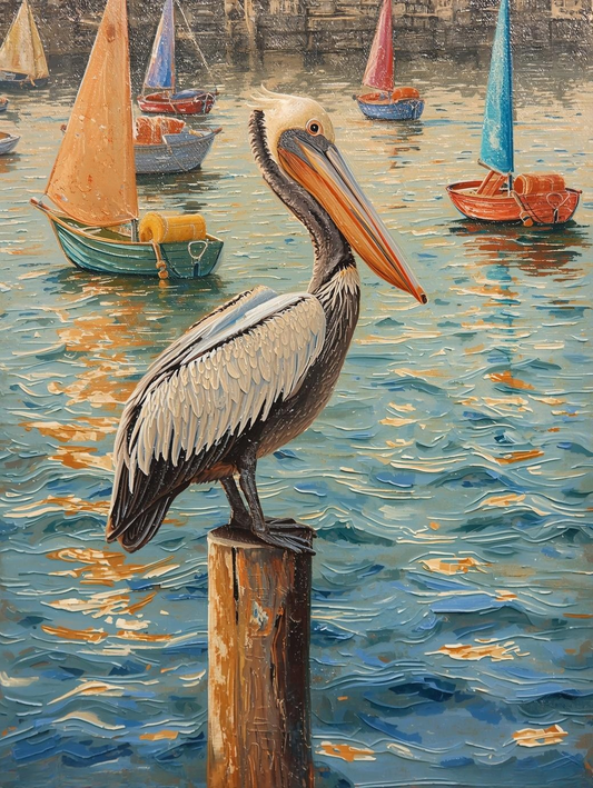 Paint By Number Pelican on Dock Over Sailboats – Coastal Storybook Painting
