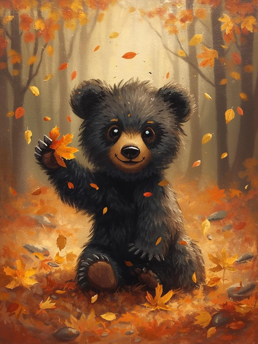 Paint By Number Playful Bear Cub Throwing Autumn Leaves – Cute Fall Wildlife Art Kit