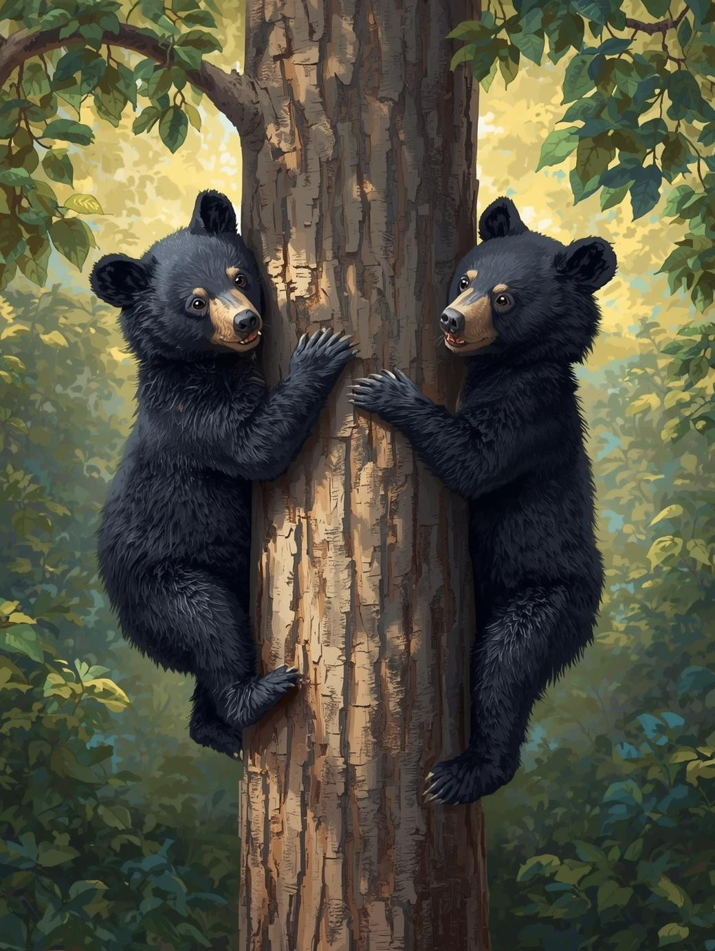 Paint By Number Playful Bear Cubs Exploring Woodland Trees – Cute Nature Painting Kit