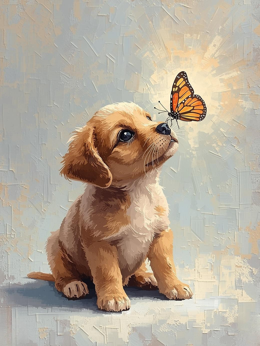 Paint By Number Curious Puppy Watching Butterfly in Garden – Canvas Paint by Number Kit